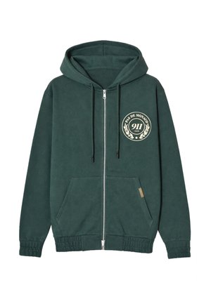 Donkergroene hoodie met ritssluiting, voorzakken, capuchon met trekkoord, elastische manchetten en een ronde "Pas de Monaco 911 Club"-logo op de borst.