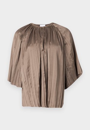 Brown pleated blouse with a round neckline, batwing sleeves, and a button placket at the front. Made of smooth, flowing fabric.