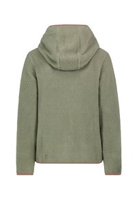 Grüne, strukturierte Fleecejacke mit Kapuze. Verfügt über pinke Akzente entlang der Kanten und eine lockere Passform. Der Rückansicht sind keine sichtbaren Beschläge zu erkennen.