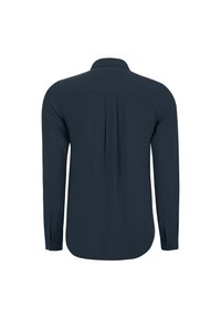 Dark blue long-sleeve shirt with a pointed collar, buttoned cuffs, and a back yoke detail. Smooth fabric texture, minimal design.