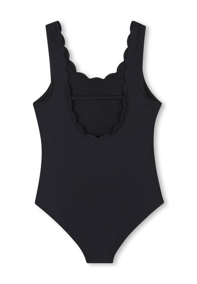 Maillot de bain une pièce noir avec décolleté et emmanchures à bords festonnés. Texture lisse, design minimaliste et ouvertures de jambes à coupe haute.