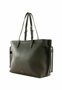 Sac fourre-tout en cuir vert foncé avec surface texturée, double poignée et sangles latérales. Présente un logo de marque discret en bas à l'avant.