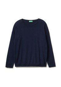 Marinblå stickad tröja med rund halsringning, långa ärmar och en avslappnad passform. Har ribbade manschetter och nederkant samt en strukturerad tyg.