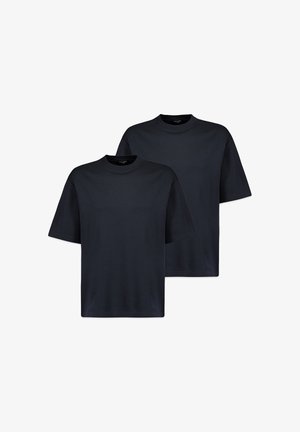 Two plain black short-sleeve crew neck t-shirts displayed side by side on a white background.