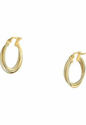 Goldfarbene Creolen mit strukturierter Oberfläche und glatter Innenseite. Doppelte Ringe verfügen über einen Klappverschluss für sicheren Tragekomfort.