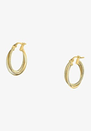 Gold-tone hoop earrings with a textured surface and smooth inner finish. Double rings feature a clasp closure for secure wear.