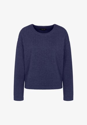 Navyfarbener Pullover mit langen Ärmeln aus strukturiertem Stoff, rundem Halsausschnitt und Rippdetails, mit lässiger Passform und geradem Saum.