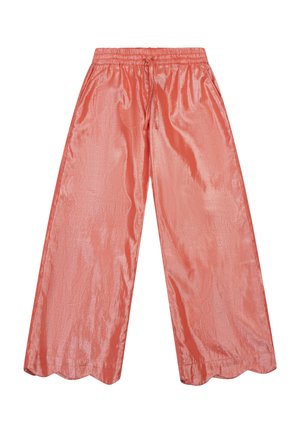 Wijde satijnen broek in koraalroze met elastische tailleband, trekkoord, zijzakken en gegolfde zoomranden.