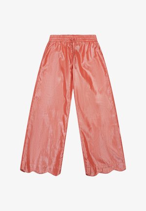 Wijde satijnen broek in koraalroze met elastische tailleband, trekkoord, zijzakken en gegolfde zoomranden.