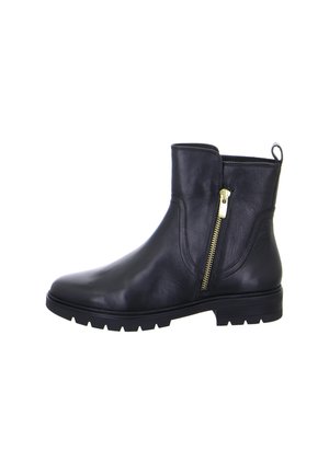 Black leather ankle boot with side gold zipper, low heel, and treaded sole, viewed from the outer side.