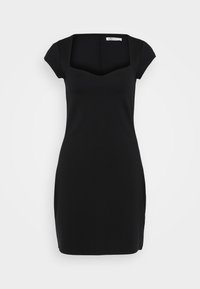 Svart figursydd klänning med fyrkantig halsringning och korta ärmar. Tillverkad av stretchigt material, den har en slät textur och sidoflikar.