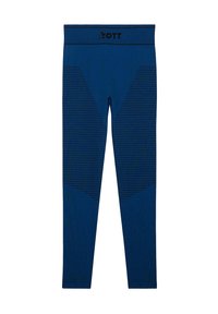 Blauwe legging gemaakt van rekbare stof, met een nauwsluitende pasvorm, getextureerde horizontale strepen aan de zijkanten en een hoge tailleband met logo.