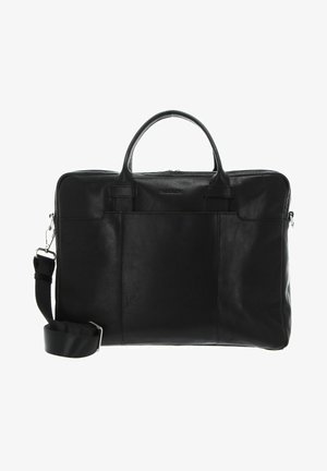 Schwarze Lederaktentasche mit zwei Obergriffen, abnehmbaren Schulterriemen und einem Reißverschluss. Sie zeichnet sich durch eine glatte Textur und ein minimales Design aus.