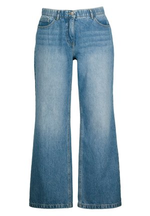 Lichtblauwe flared jeans van denim. Beschikt over vijf zakken, een sluiting met een knoop aan de voorkant en een vervaagde wassing met een licht gestructureerd oppervlak.