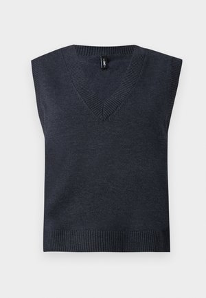 Donkergrijze mouwloze gebreide pullover met een V-hals en ribbing aan de onderkant. Soepele textuur; eenvoudig ontwerp zonder extra patronen of accenten.