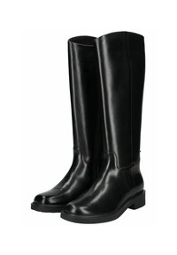 Botas de cuero negras hasta la rodilla con un acabado suave, punta redondeada, tacón bajo y una cremallera lateral para ponérselas fácilmente.