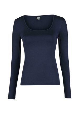 Haut à manches longues, bleu marine avec un décolleté carré. Fabriqué en tissu lisse et extensible. Présente un design ajusté et sans motifs ni accents visibles.