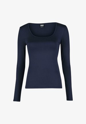 Langärmliges, navyblaues Oberteil mit eckigem Ausschnitt. Aus glattem, dehnbarem Material gefertigt. Bietet ein figurbetontes Design ohne sichtbare Muster oder Akzente.