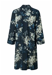 Blumenhemdkleid in Marineblau mit creme- und blauen Blumendrucken. Mit Kragen, langen Ärmeln und lockerer Passform. Weicher Stoff.