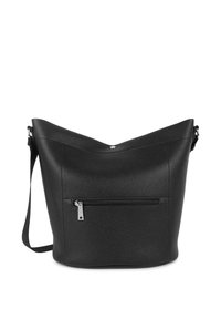 Sac d'épaule en cuir noir à finition texturée, avec un sommet en forme de V et une bandoulière réglable. Comprend une poche avant zippée pour le rangement.