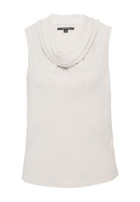 Blouse beige clair sans manches avec un col bénitier drapé, tissu doux, et une étiquette noire à l'intérieur du col portant la mention "comma", taille 36.