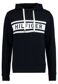 Hoodie blu navy in cotone, con il logo bianco HILFIGER sulla parte anteriore, cappucci con cordini e tasca frontale.