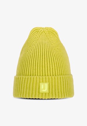 Gul strikket hue med en foldet kant. Ribbet tekstur og et logo-patch på fronten. Taperet topdesign.