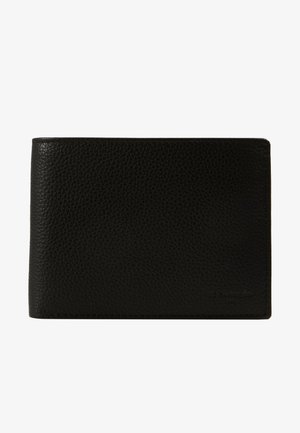 Portefeuille en cuir noir avec une finition texturée, de forme rectangulaire et des bords cousus discrets. Présente un détail de logo en relief.