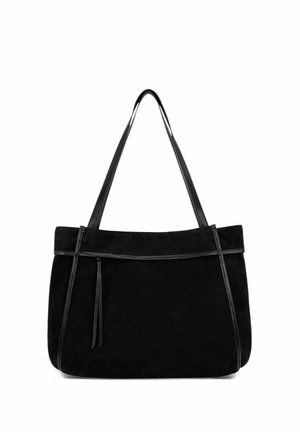 Sac fourre-tout en daim noir avec double anses épaules, forme plate rectangulaire, design minimaliste, avec des accents en cuir et un détail subtil en franges.