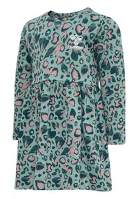 Långärmad klänning i teal med ett leopardmönster i rosa och mörkgrönt, med en samlad midja och Hummel-logotyp på bröstet.