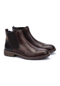 Bottes de cheville en cuir marron avec des panneaux latéraux élastiques, bout arrondi et couture contrastante ; talon noir texturé avec étiquette de logo à l'arrière.