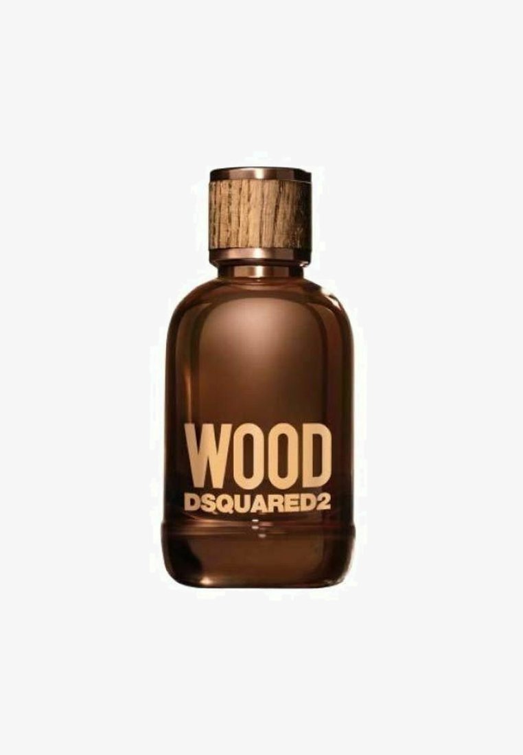 Brun glasparfymflaska med ett trälock. Har fet guldfärgade bokstäver "WOOD" och "DSQUARED2" på framsidan. Slät, rundad form.