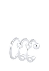 Orecchini a cerchio triplo in argento con anelli circolari lisci e accentuazioni sferiche. Finitura metallica lucida, design minimalista, struttura aperta.