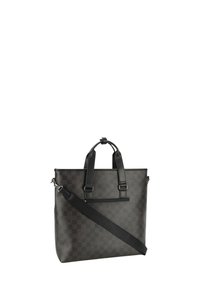 Borsa a tracolla con motivo a scacchi scuro, realizzata in materiale sintetico testurizzato, con manici in pelle, una cintura rimovibile e dettagli in metallo argentato.