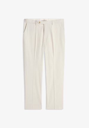 Valged beežid püksid, millel on tekstuurse triibuga muster, ees taskud ja nööpidega sulgemine vöökohal. Lõigatud ja sirge jala disain.