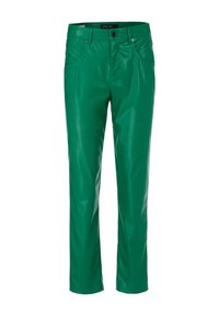 Grüne Lederhose im Slim-Fit-Stil, mit frontalen Taschen und gesteppten Akzenten sowie einem Knopfverschluss in der Taille.