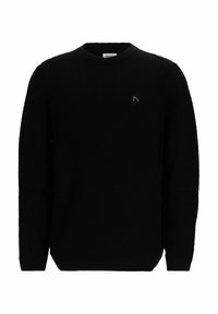 Maglione nero con texture, colletto rotondo, maniche lunghe e una piccola patch con logo sul petto. Motivo a maglia su tutto il tessuto.