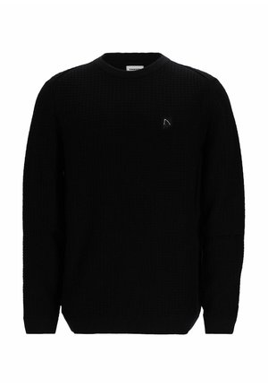 Schwarzer strukturierten Pullover mit Rundhalsausschnitt, langen Ärmeln und einem kleinen Logo-Patch auf der Brust. Strickmuster im gesamten Stoff.