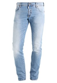 Ljusblå denimjeans med smal passform, med en femfickedesign, knappstängning och subtil blekning på tyget.