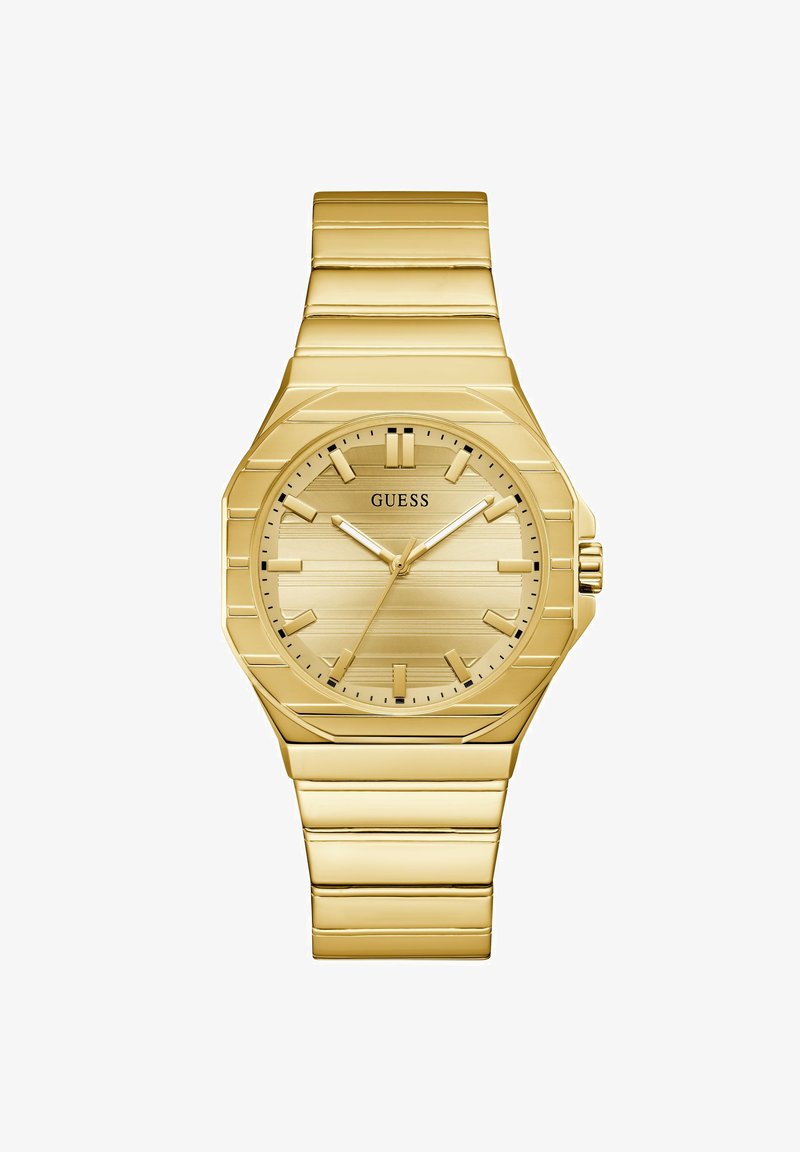 Ρολόι χειρός Guess με χρυσό τόνο και μεταλλικό μπρασελέ, στρογγυλό καντράν με υφή, χρυσά σημεία ώρας και τρεις δείκτες που δείχνουν 10:10:36.
