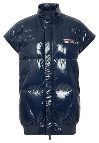 Tamsiai mėlynas pūkinis liemenė su blizgiu paviršiumi, aukštu apykakle, trumpomis rankovėmis ir įgula. Su logotipo detalių išdėstymu krūtinėje.