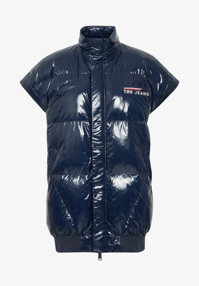 Tamsiai mėlynas pūkinis liemenė su blizgiu paviršiumi, aukštu apykakle, trumpomis rankovėmis ir įgula. Su logotipo detalių išdėstymu krūtinėje.