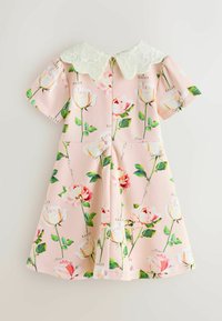 Ružové šaty s krátkym rukávom a kvetinovým potlačou ruží. Majú biely čipkový golier a zips na chrbte. Vyrobené z jemného materiálu, vhodné pre deti.