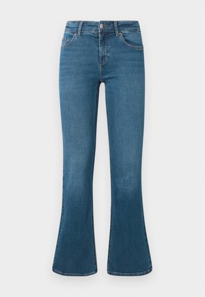 Sinine denim flared teksad keskmise kõrgusega vöökoht, viie tasku disain ja peene õmbluse detail. Sile tekstuur klassikalise pesu tooniga.