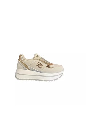 Sneaker platform beige e oro con suola spessa bianca, con lacci sul davanti e logo "RB" sul lato.