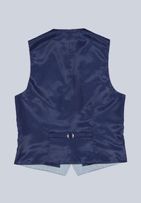 Marineblaues Satinstretchweste mit elegantem Design, verstellbarer Schnalle auf der Rückseite und feiner Textur mit abgerundetem Saum.