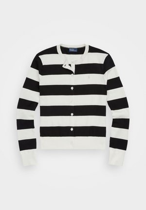 Gestreifter Cardigan in Schwarz und Weiß, mit Rundhalsausschnitt, Knopfschluss und langen Ärmeln; weiches Strickmaterial mit leichter Textur.