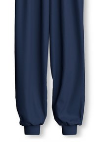 Marineblauwe joggingbroek van zacht materiaal, met elastische boorden bij de enkels en een gladde textuur over de hele broek. Geen zichtbare patronen of accenten.
