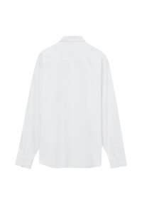 Camicia bianca a maniche lunghe con bottoni vista da dietro, caratterizzata da un collo classico e polsini abbottonati.
