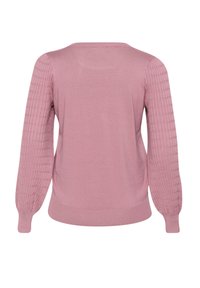 Light pink sweater featuring a smooth body and textured, patterned sleeves with ribbed cuffs. Rounded neckline and relaxed fit.